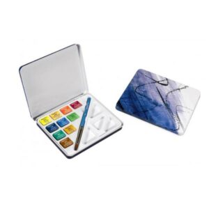 Daler Rowney Kit Creativi Acquerelli  AQUAFINE Scatola in Metallo 10 Demi-godet  1 Pennello  1 tavolozza