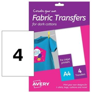 Avery Portanomi e portabadge T-SHIRT TRANSFER FOGLI A4 TERMOTRASFERIBILI PER COTONE SCURO –        STAMPANTI INKJET – 210X297 – 4 FF