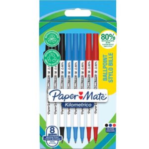 Papermate Penne a sfera scuola PM KILOMETRICO RECYCLED Conf. appendibile in cartone 8pz (3neri-3 blu-2 rossi)