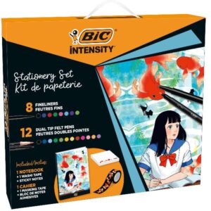 Bic Kit Creativi Set di cancelleria a tema manga con 12 pennarelli   8 fineliner da 0 4 mm  1 nastro  foglietti adesivi e un taccuino.